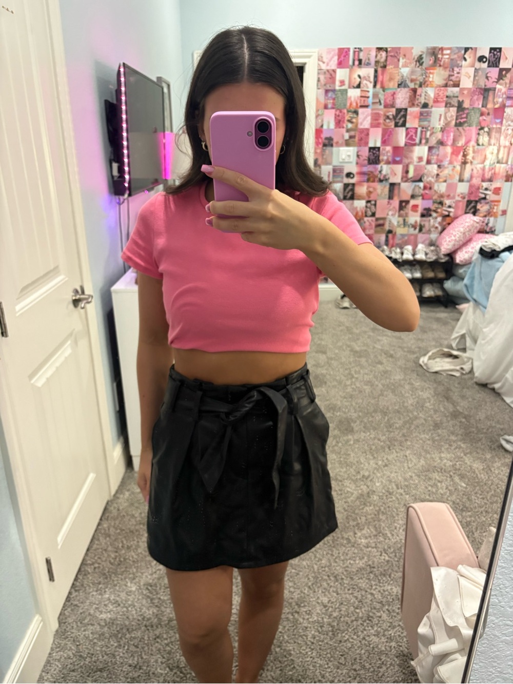 Forever 21 Black Faux Leather Paperbag Mini Skirt with Tie